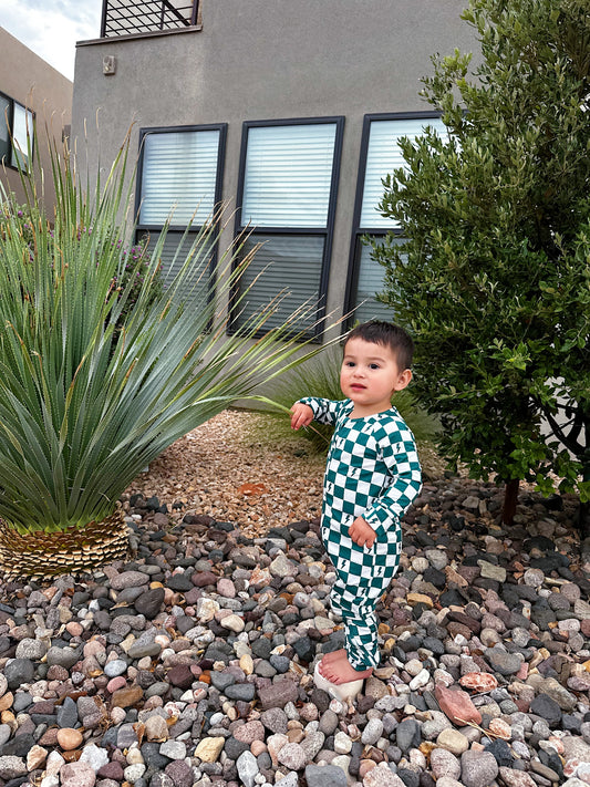 Bamboo Zip Pajamas - Teal Checkered Lightning Bolts