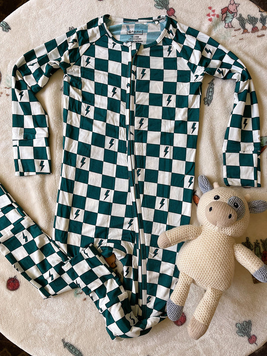 Bamboo Zip Pajamas - Teal Checkered Lightning Bolts