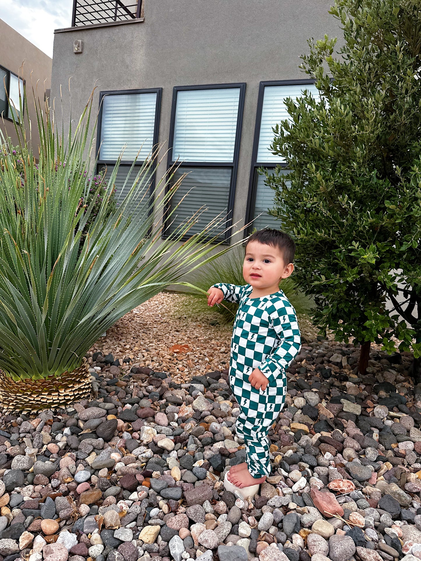 Bamboo Zip Pajamas - Teal Checkered Lightning Bolts