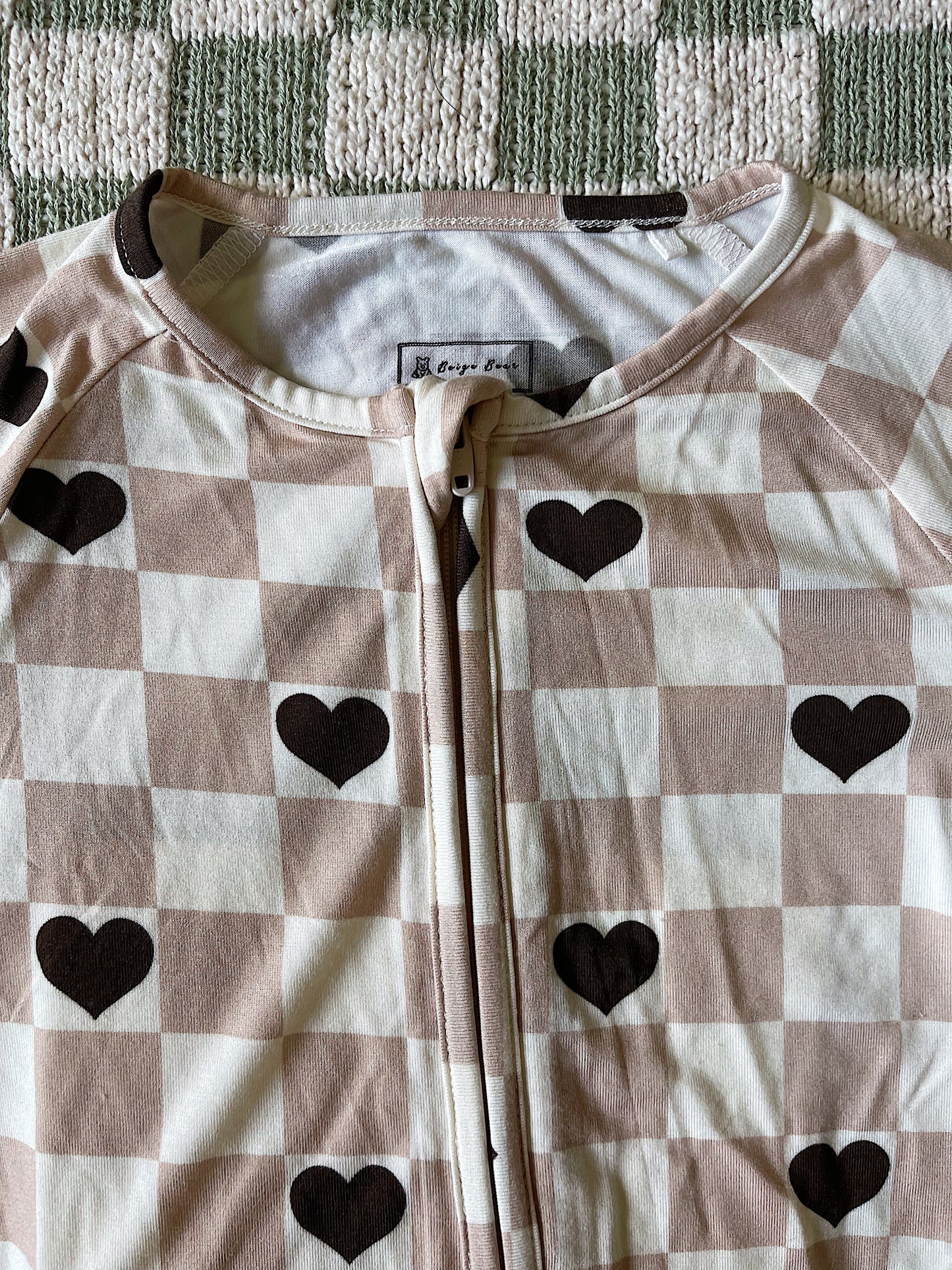 Bamboo Zip Pajamas - Beige Checkered Hearts