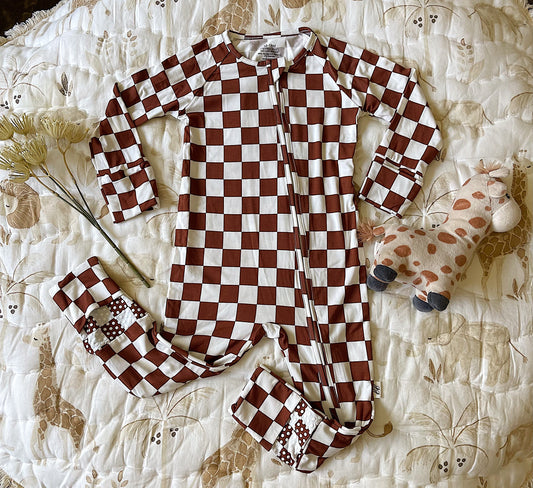 Bamboo Zip Pajamas - Chocolate Checkers