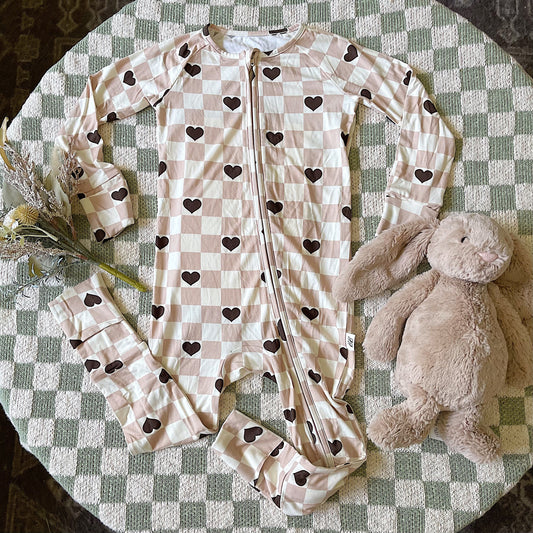 Bamboo Zip Pajamas - Beige Checkered Hearts