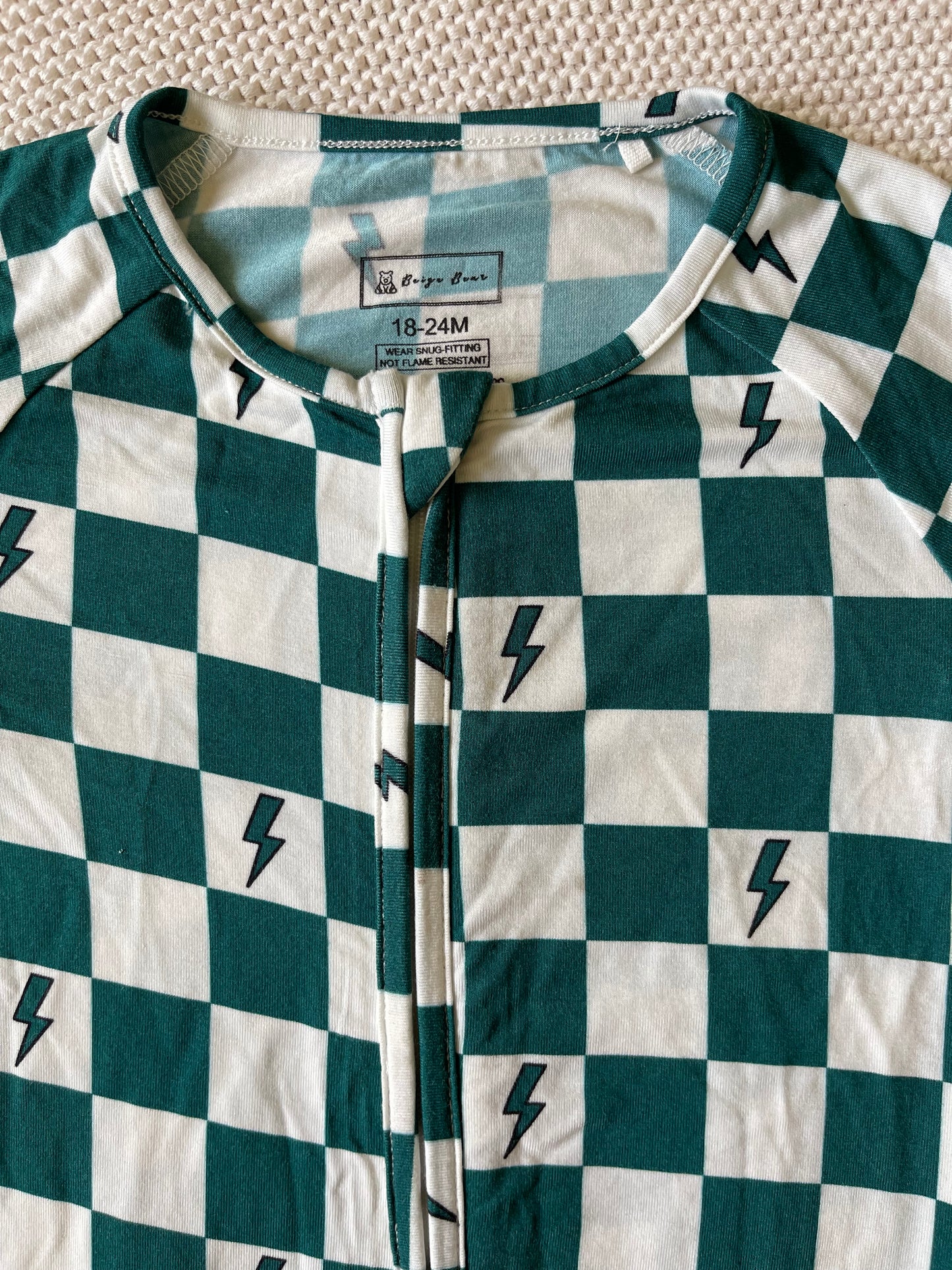 Bamboo Zip Pajamas - Teal Checkered Lightning Bolts