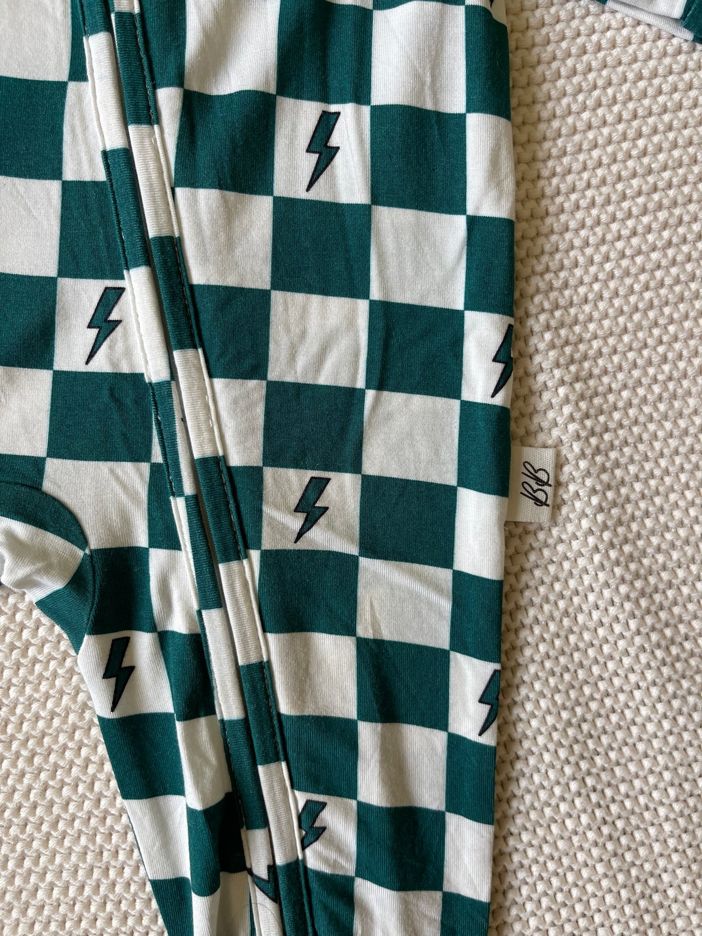Bamboo Zip Pajamas - Teal Checkered Lightning Bolts