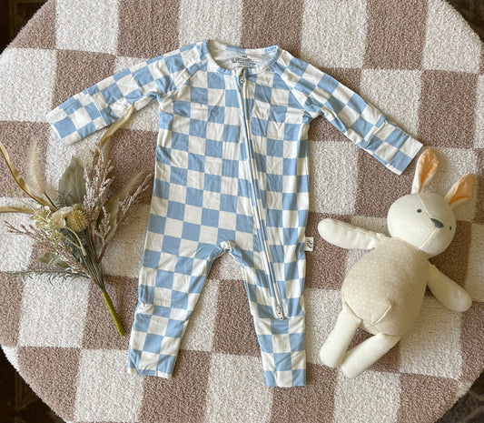 Bamboo Zip Pajamas - Light Blue Checkers
